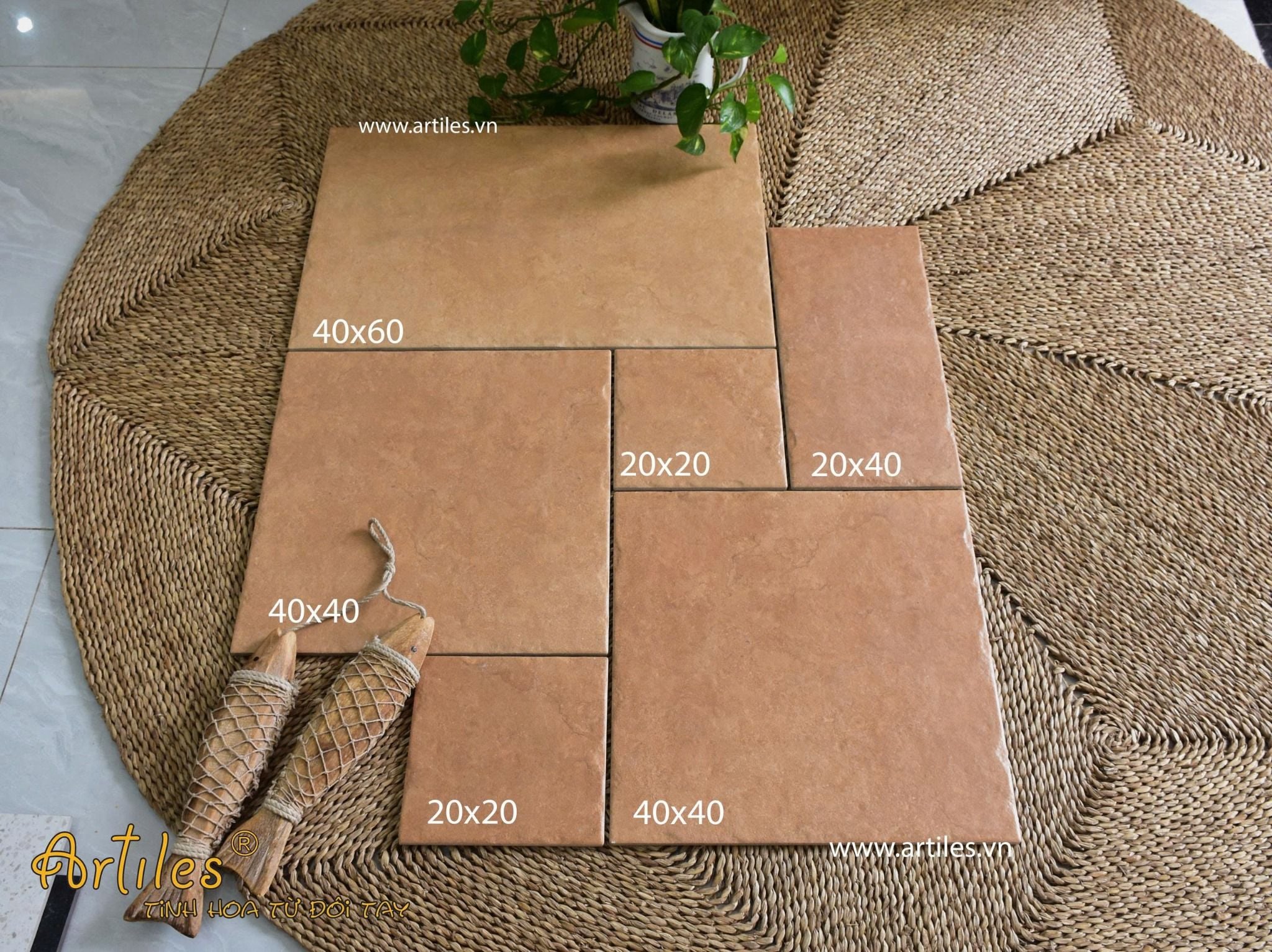 Gạch đá ốp lát decor mix size màu cam đất Art54M