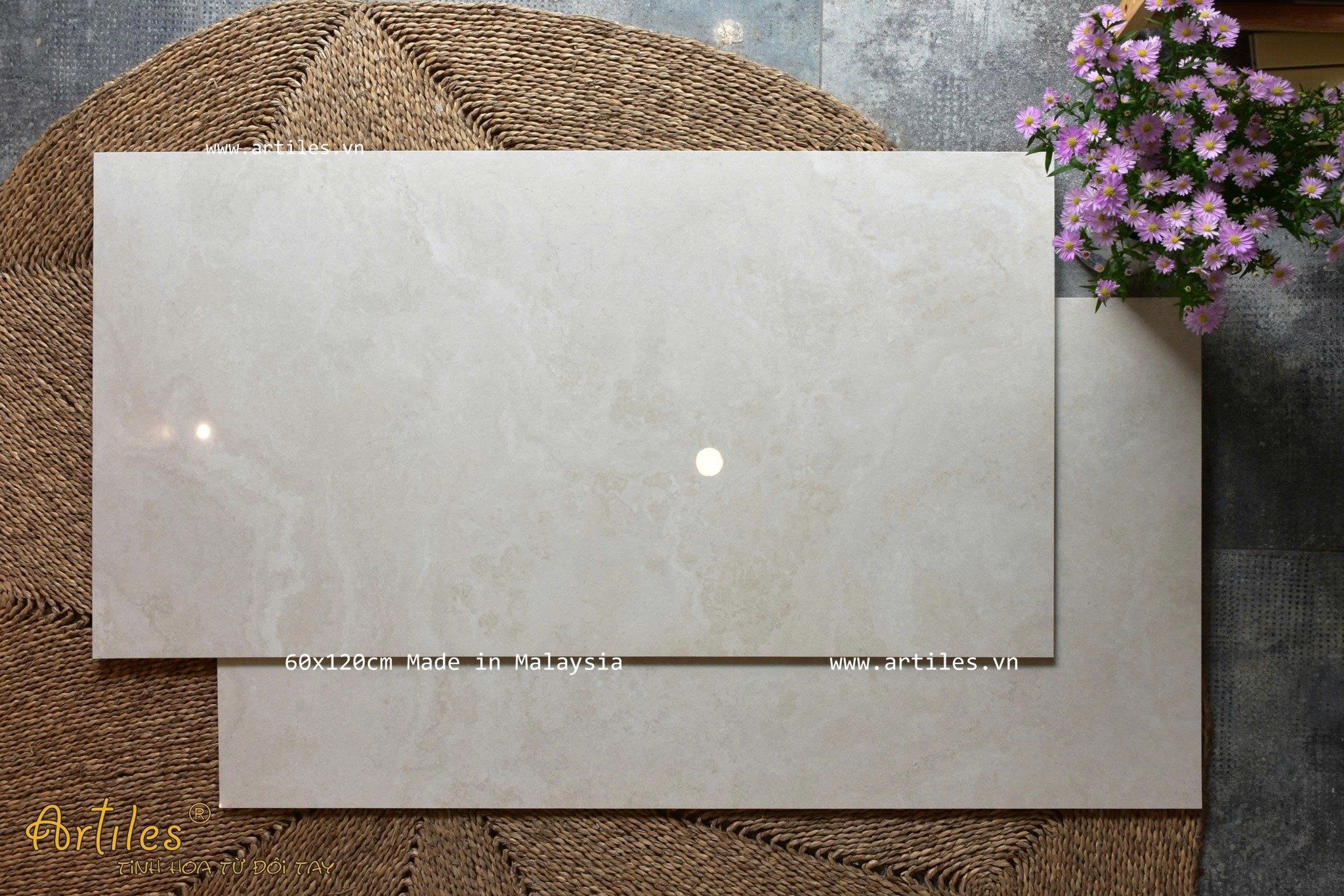 Gạch bóng kiếng Malaysia màu kem beige 60x120cm Art12041