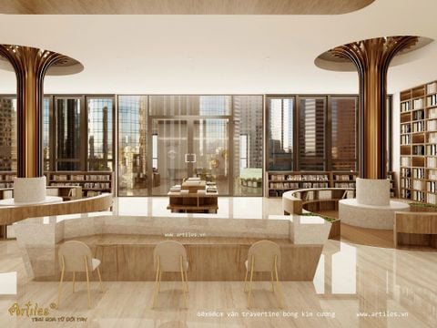  Gạch vân đá Travertine 60x60cm màu kem vàng 