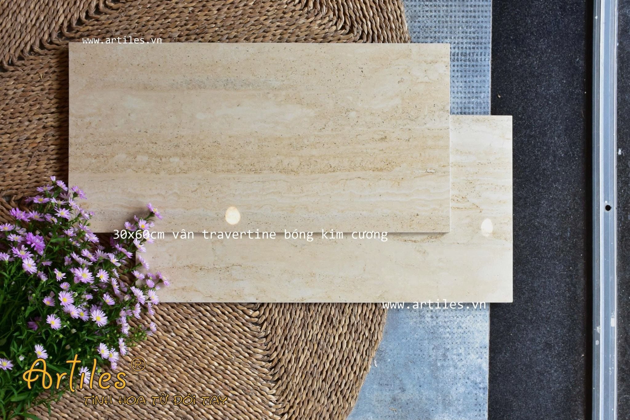 Gạch vân đá Travertine 30x60cm màu kem vàng