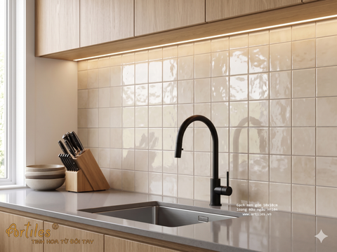  Gạch thẻ màu kem beige men bóng gợn sóng 100x100mm Art01G 