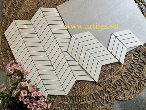  Gạch mosaic xương cá ( mũi tên) trắng bóng 