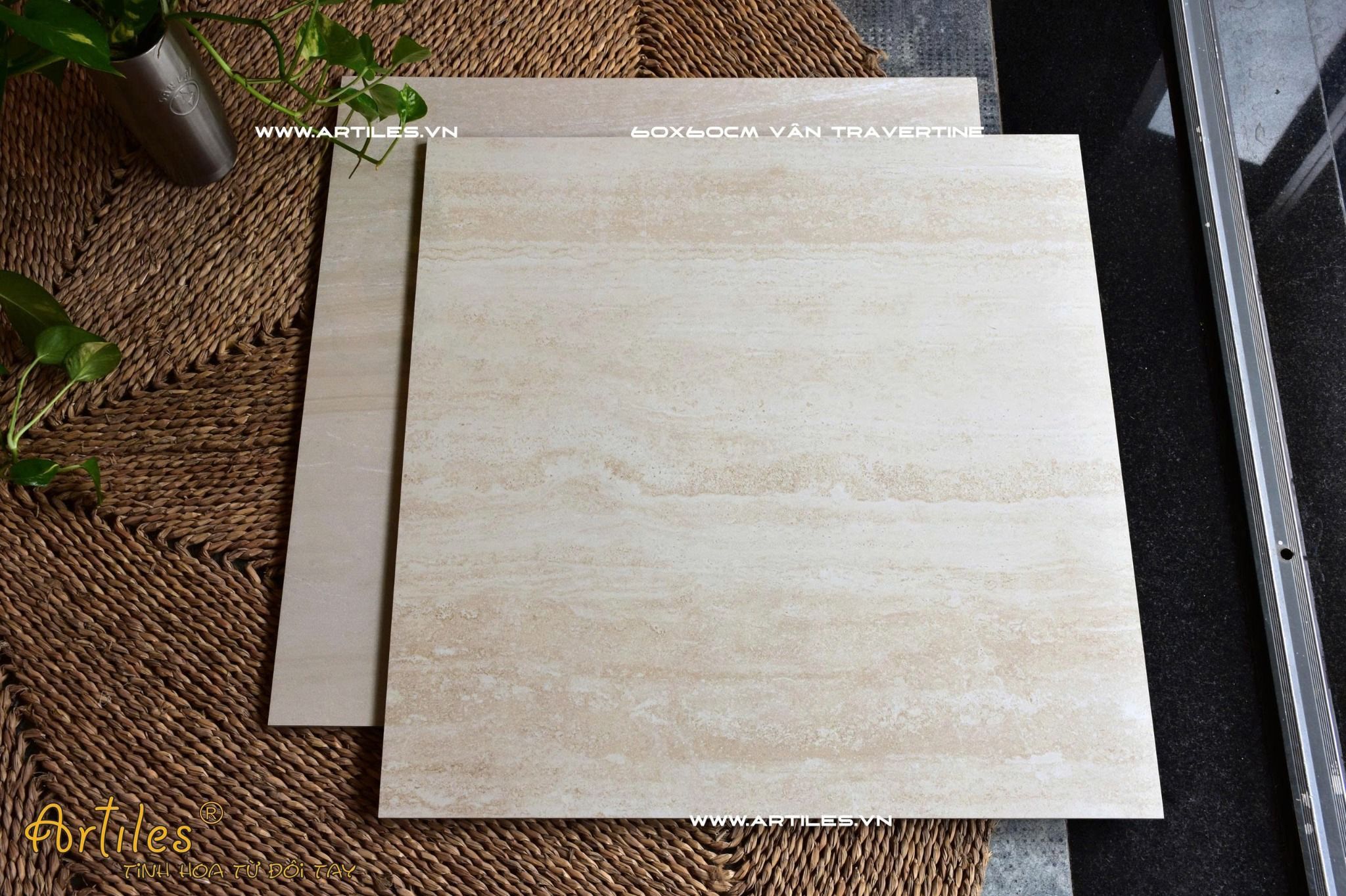 Gạch vân đá Travertine 60x60cm màu kem vàng