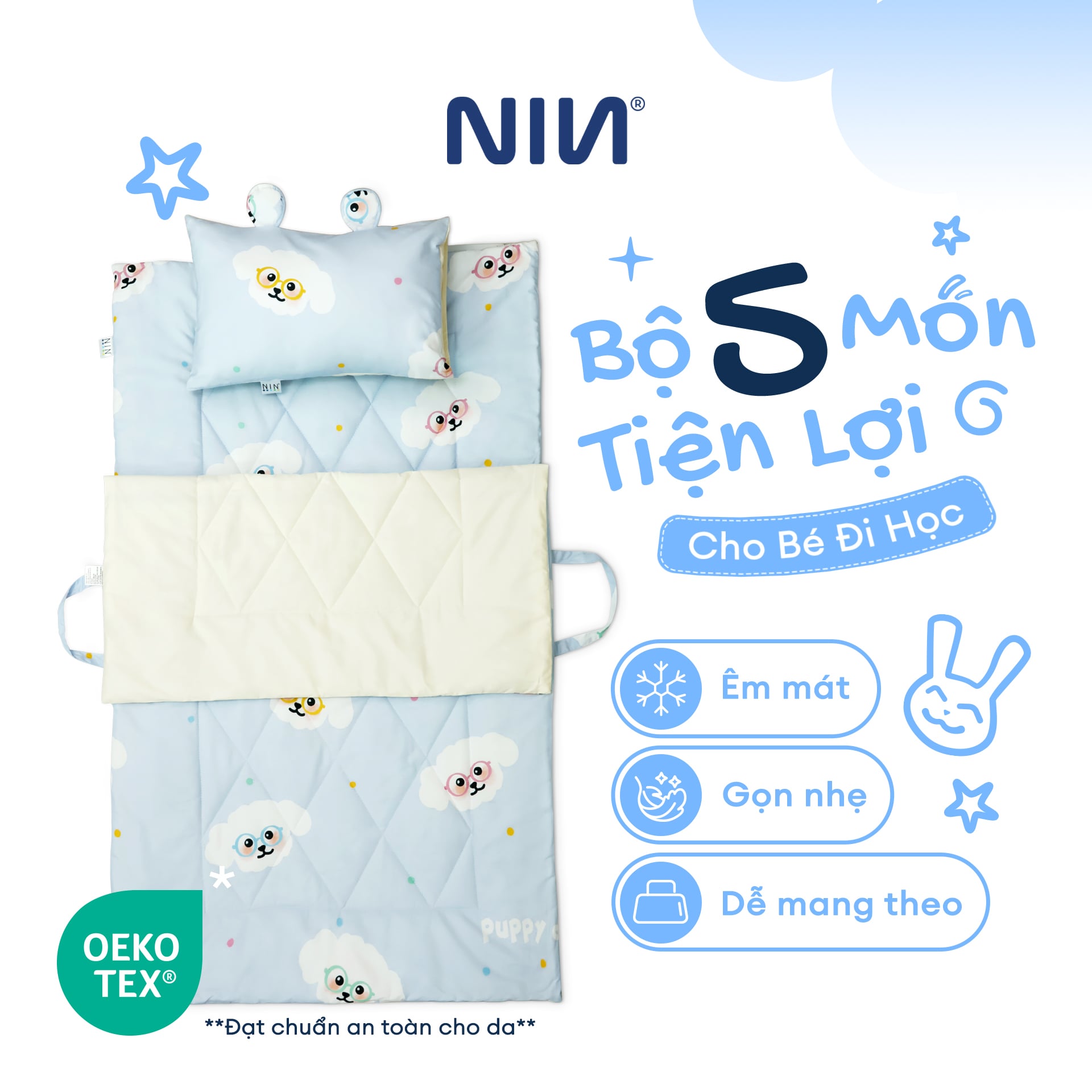 N190082 - Bộ 5 món gấp gọn tiện lợi cho bé đi học Cotton sateen cao cấp
