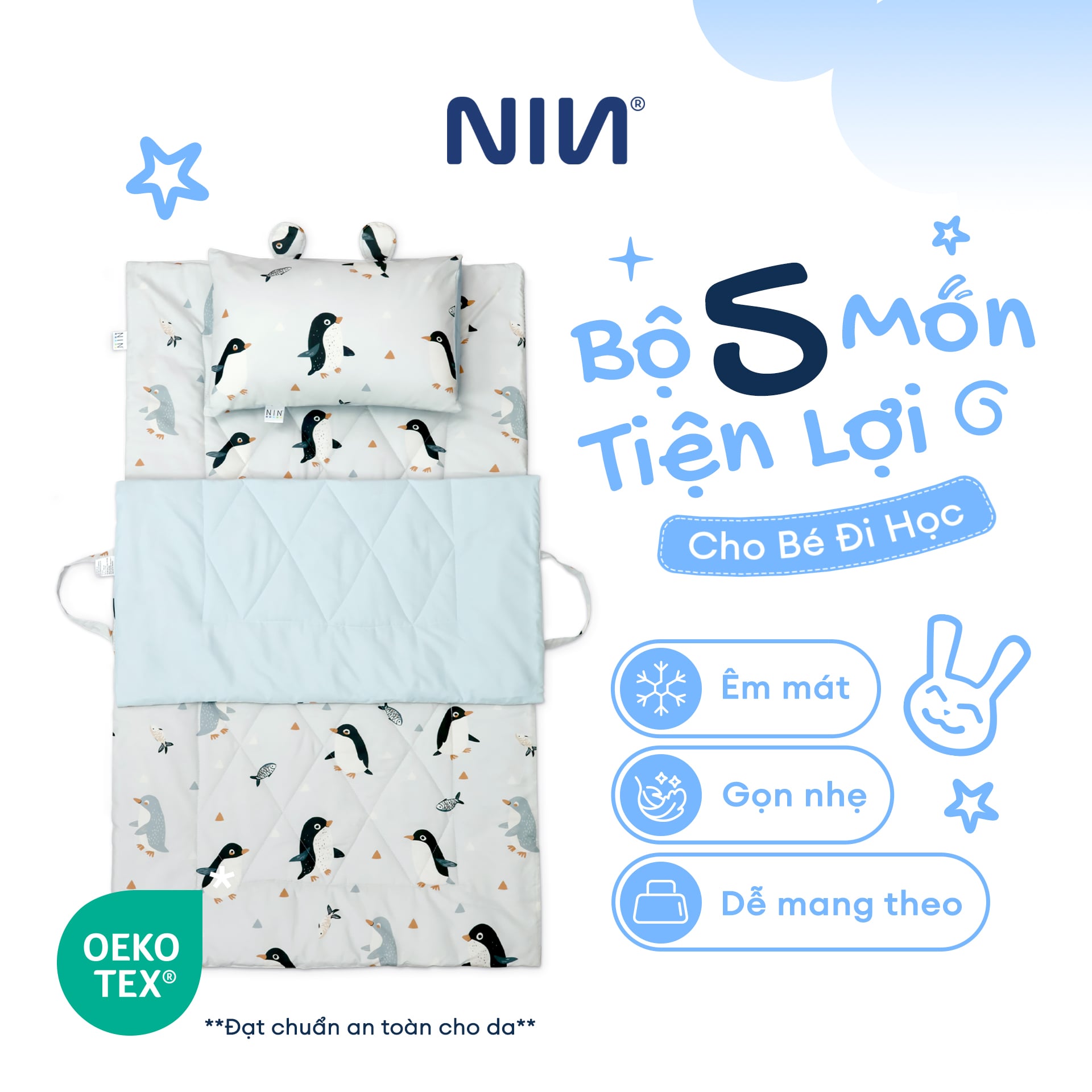 N190085 - Bộ 5 món gấp gọn tiện lợi cho bé đi học Cotton sateen cao cấp