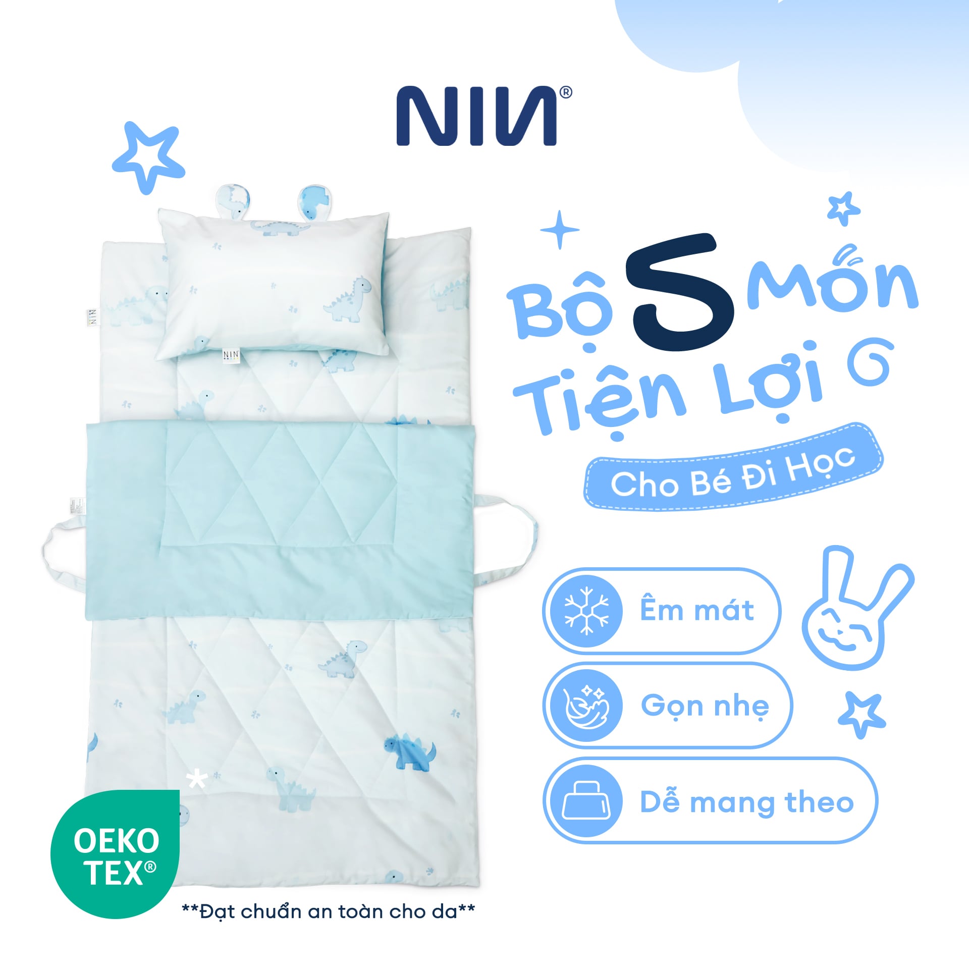 N190084 - Bộ 5 món gấp gọn tiện lợi cho bé đi học Cotton sateen cao cấp