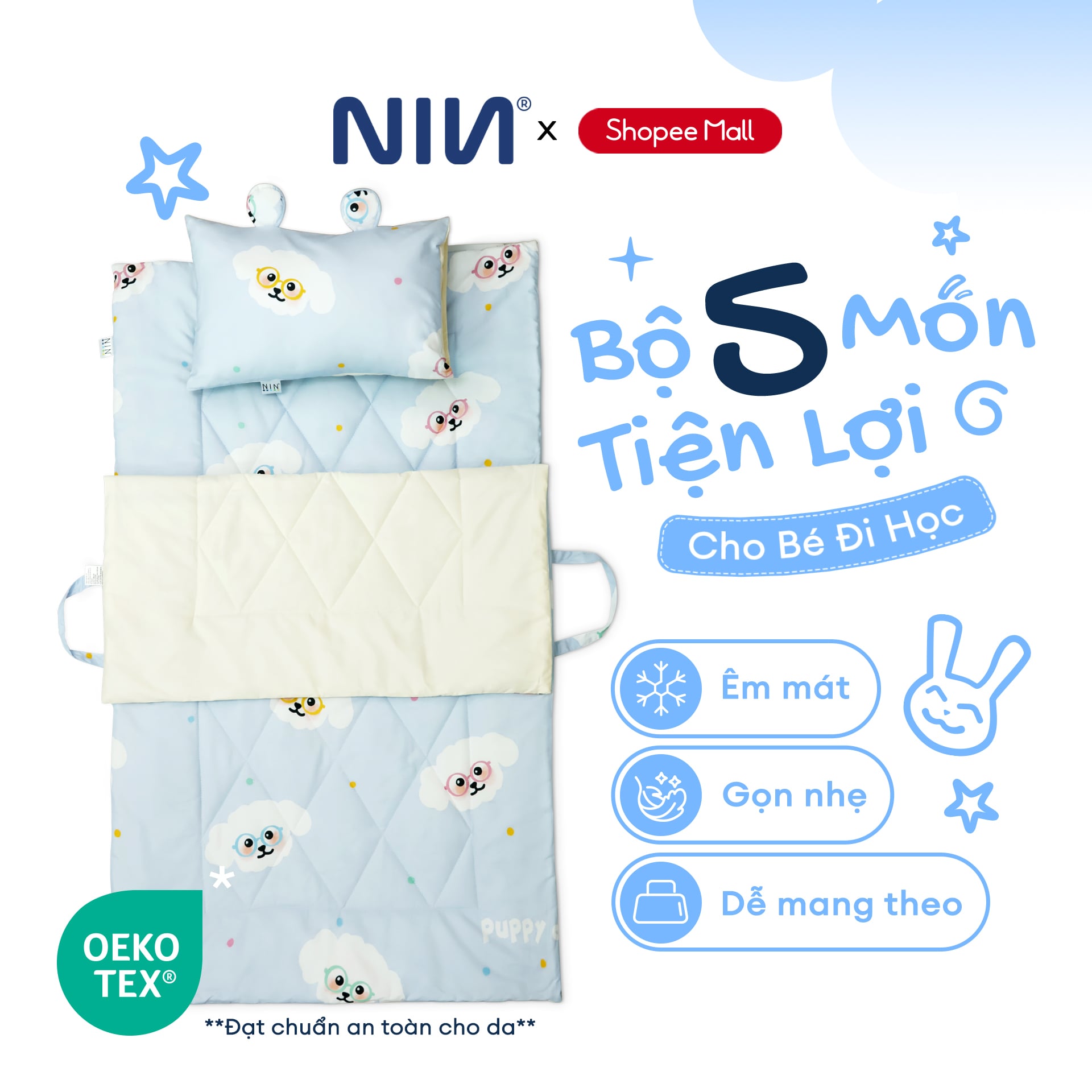 N190082 - Bộ 5 món gấp gọn tiện lợi cho bé đi học Cotton sateen cao cấp