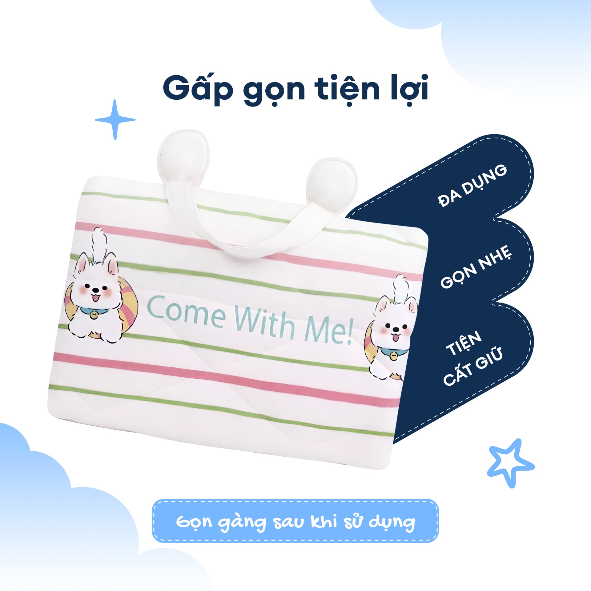 N190081 - Bộ 5 món gấp gọn tiện lợi cho bé đi học Cotton sateen cao cấp