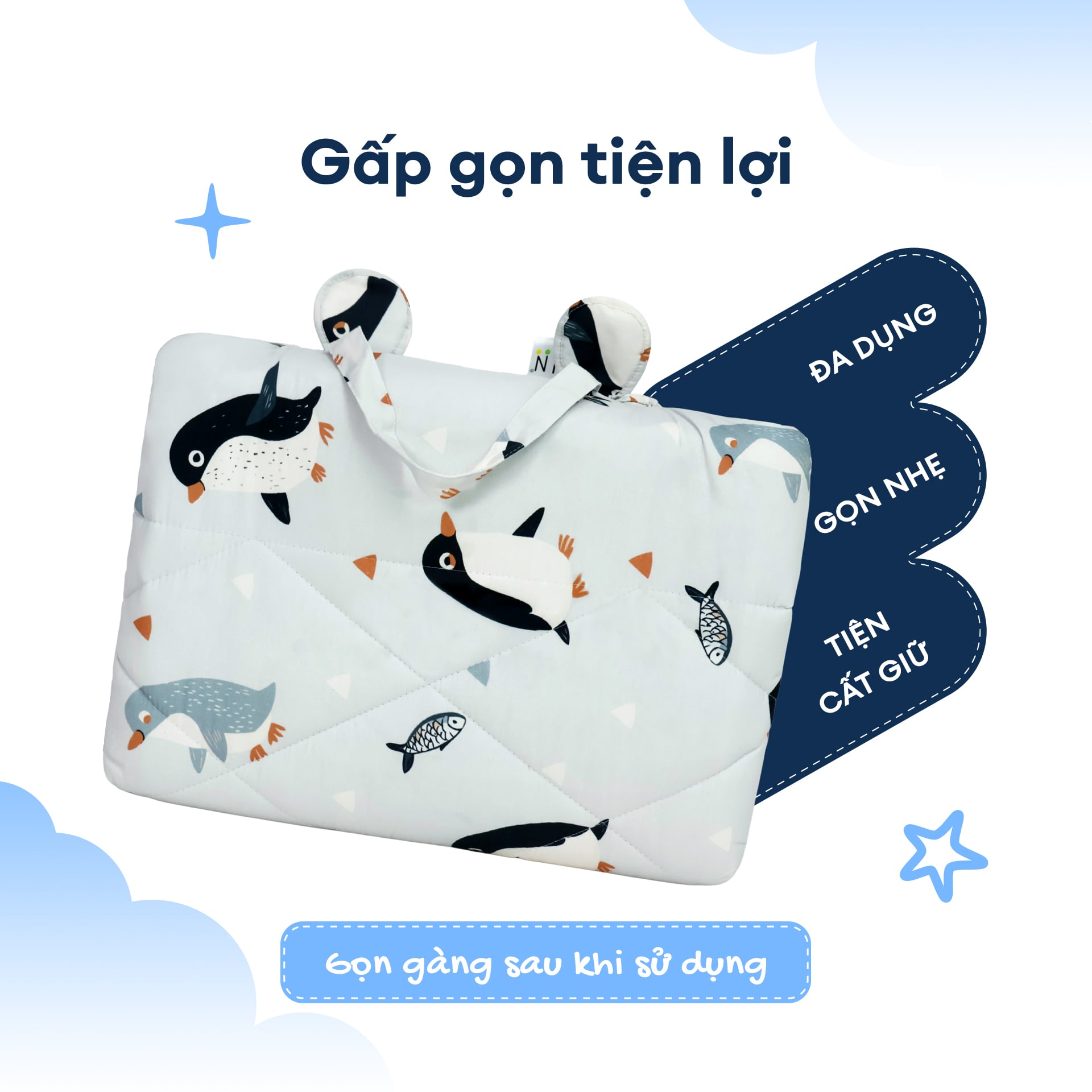 N190085 - Bộ 5 món gấp gọn tiện lợi cho bé đi học Cotton sateen cao cấp
