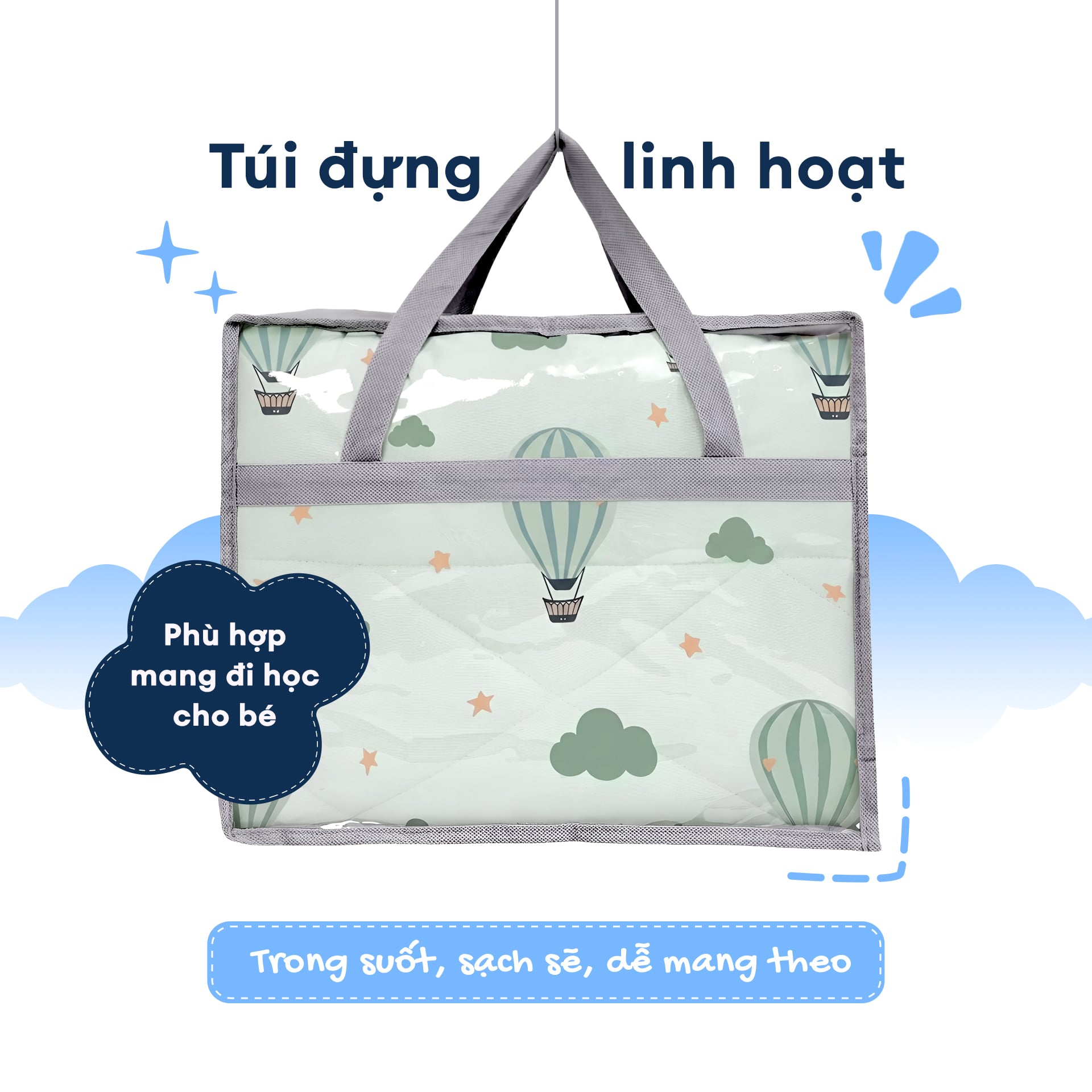 N190083 - Bộ 5 món gấp gọn tiện lợi cho bé đi học Cotton sateen cao cấp