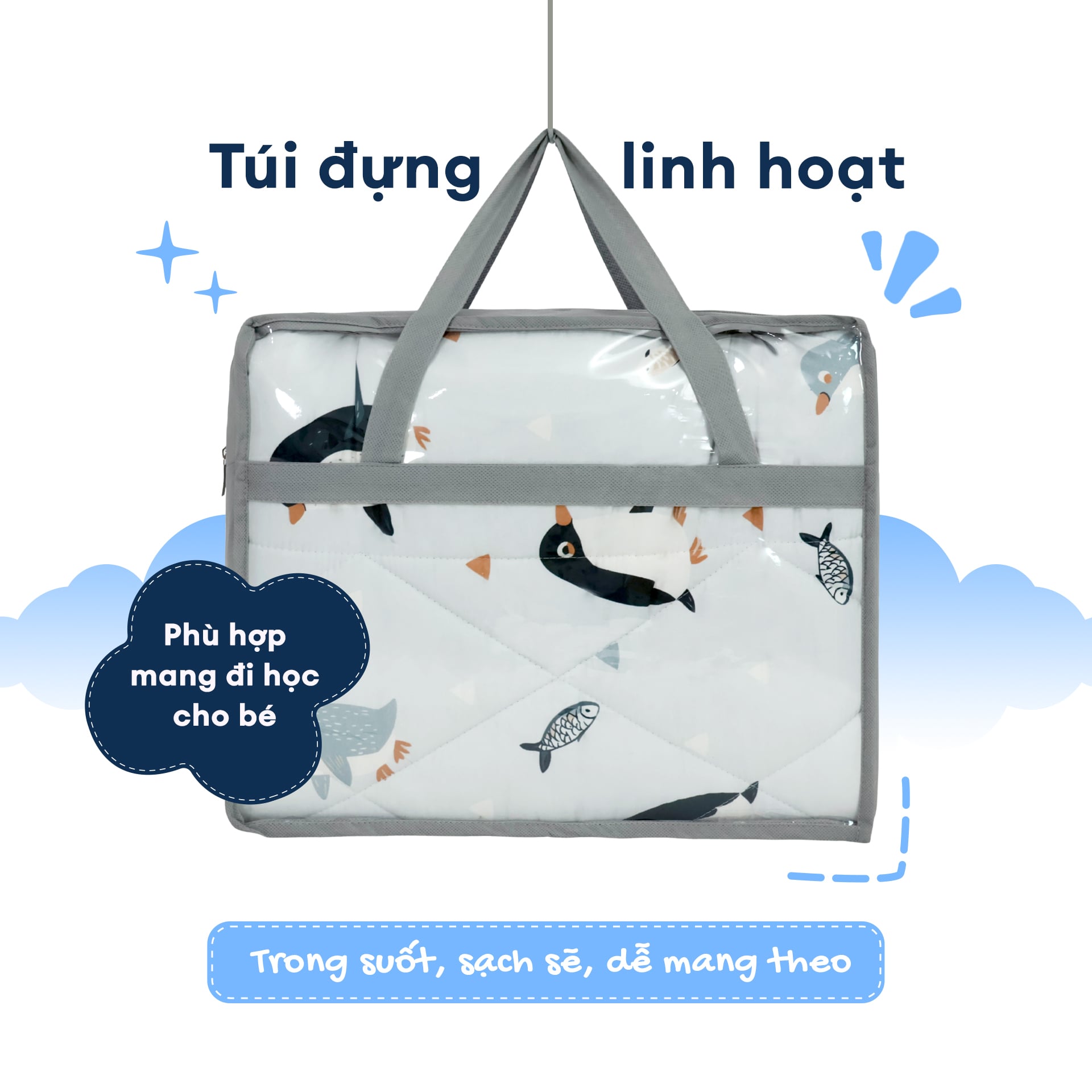 N190085 - Bộ 5 món gấp gọn tiện lợi cho bé đi học Cotton sateen cao cấp