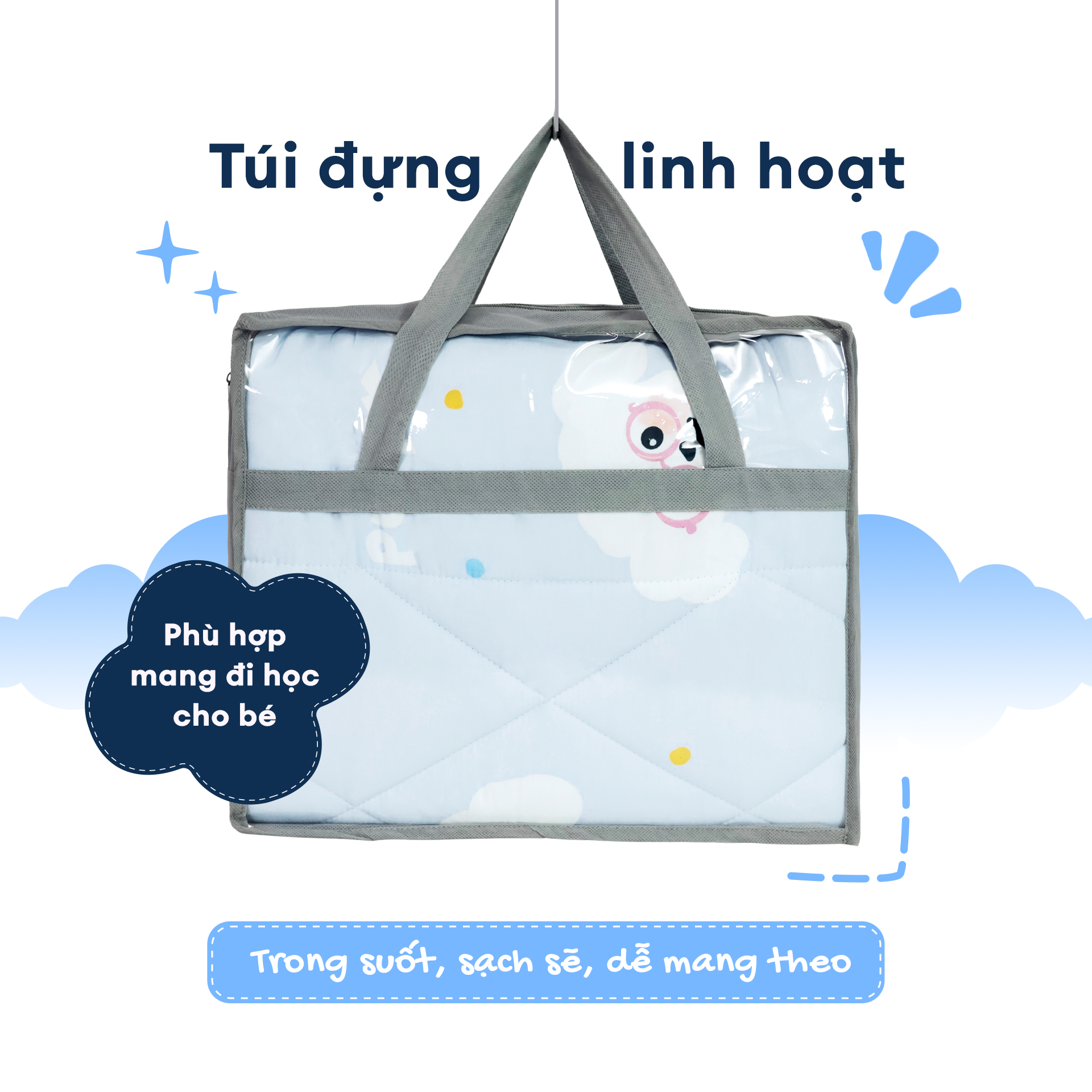 N190082 - Bộ 5 món gấp gọn tiện lợi cho bé đi học Cotton sateen cao cấp