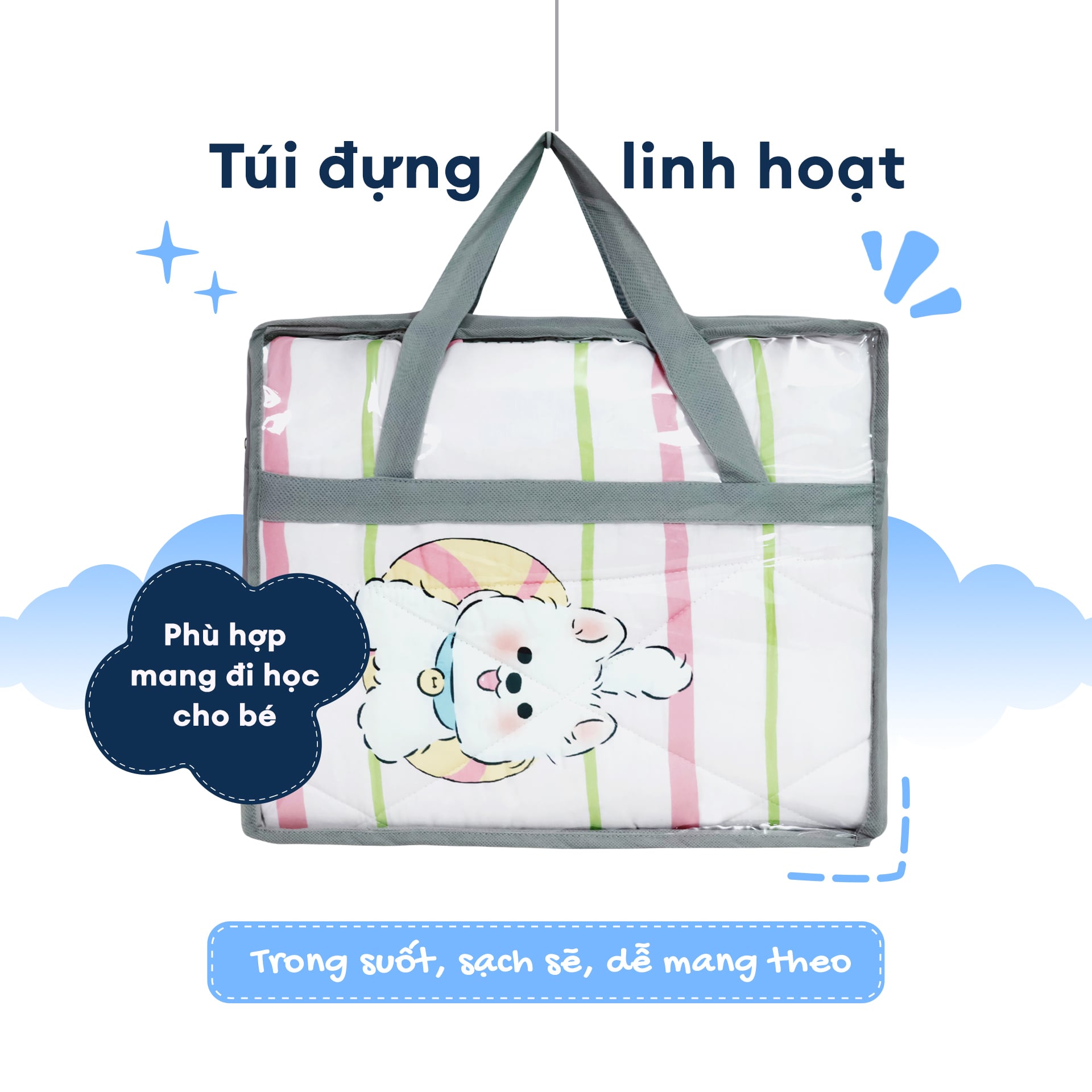 N190081 - Bộ 5 món gấp gọn tiện lợi cho bé đi học Cotton sateen cao cấp
