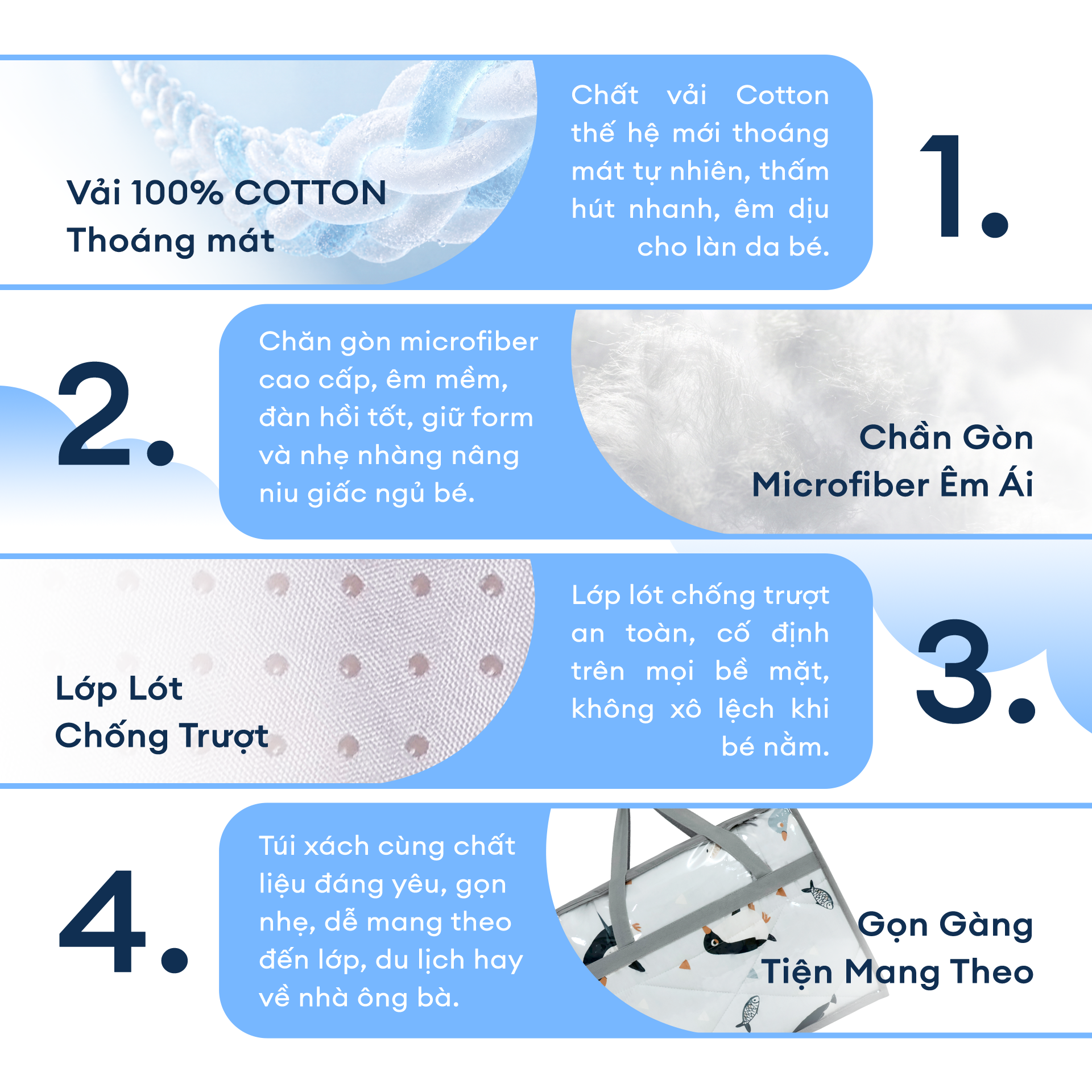 N190085 - Bộ 5 món gấp gọn tiện lợi cho bé đi học Cotton sateen cao cấp