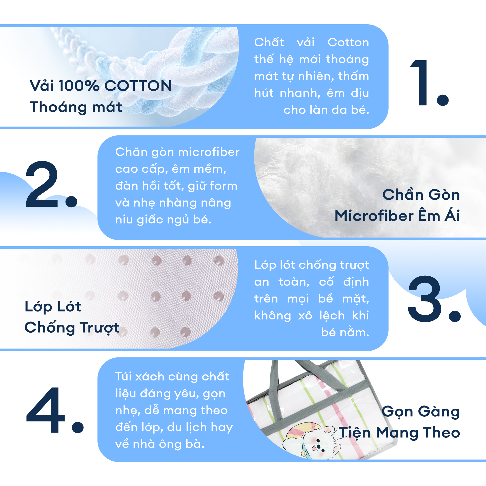 N190081 - Bộ 5 món gấp gọn tiện lợi cho bé đi học Cotton sateen cao cấp