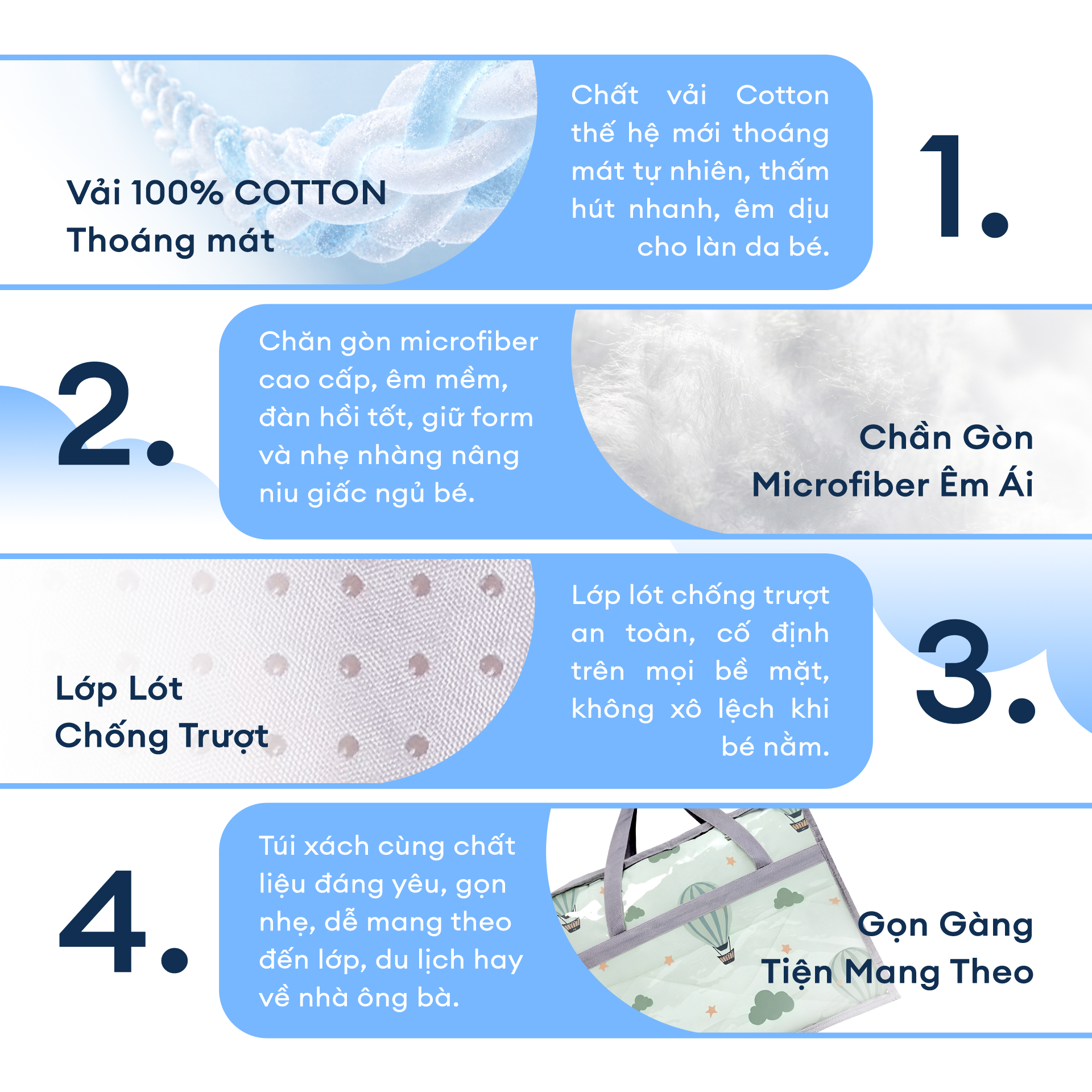 N190083 - Bộ 5 món gấp gọn tiện lợi cho bé đi học Cotton sateen cao cấp