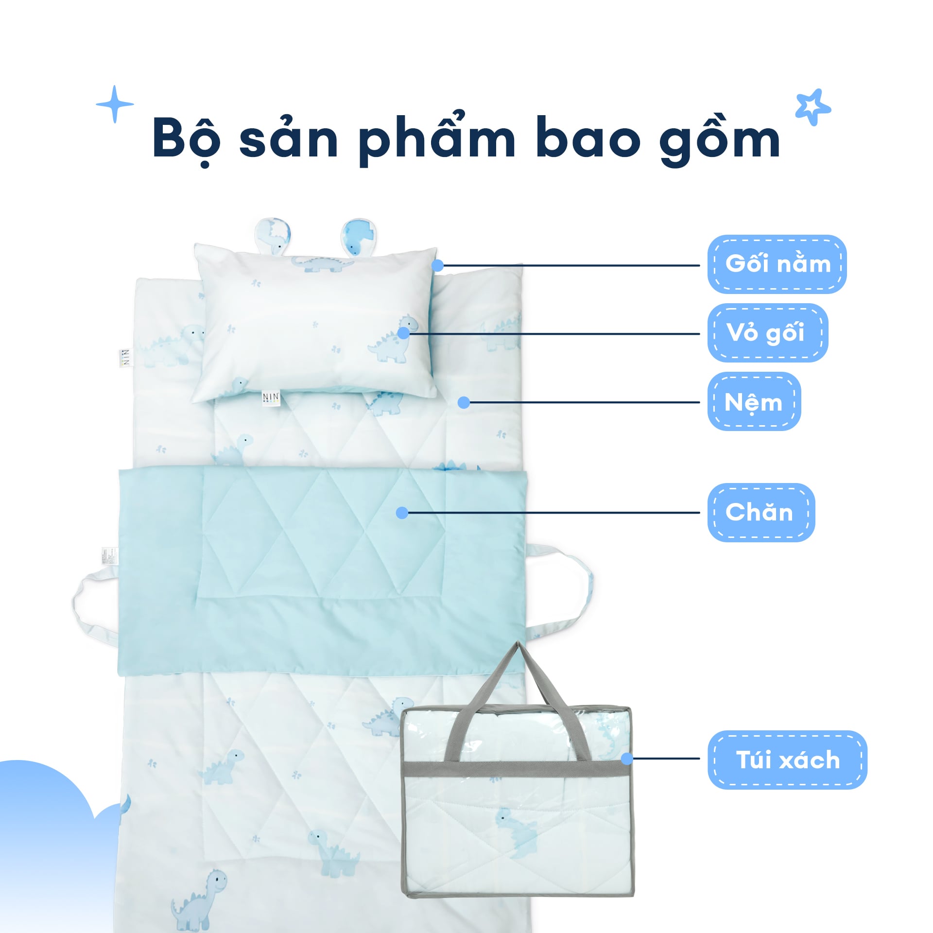 N190084 - Bộ 5 món gấp gọn tiện lợi cho bé đi học Cotton sateen cao cấp