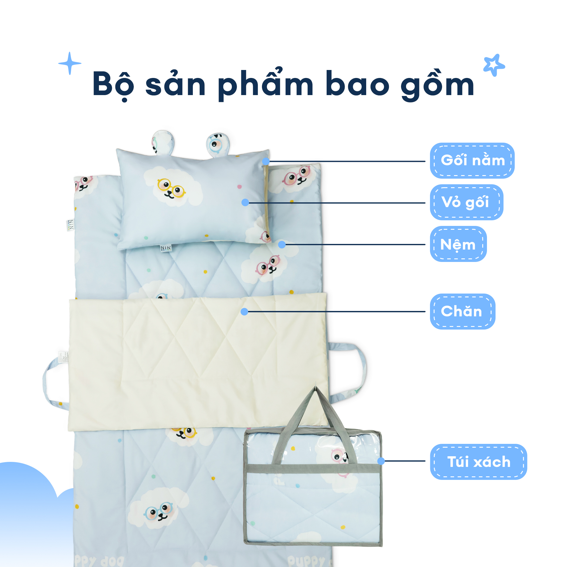 N190082 - Bộ 5 món gấp gọn tiện lợi cho bé đi học Cotton sateen cao cấp