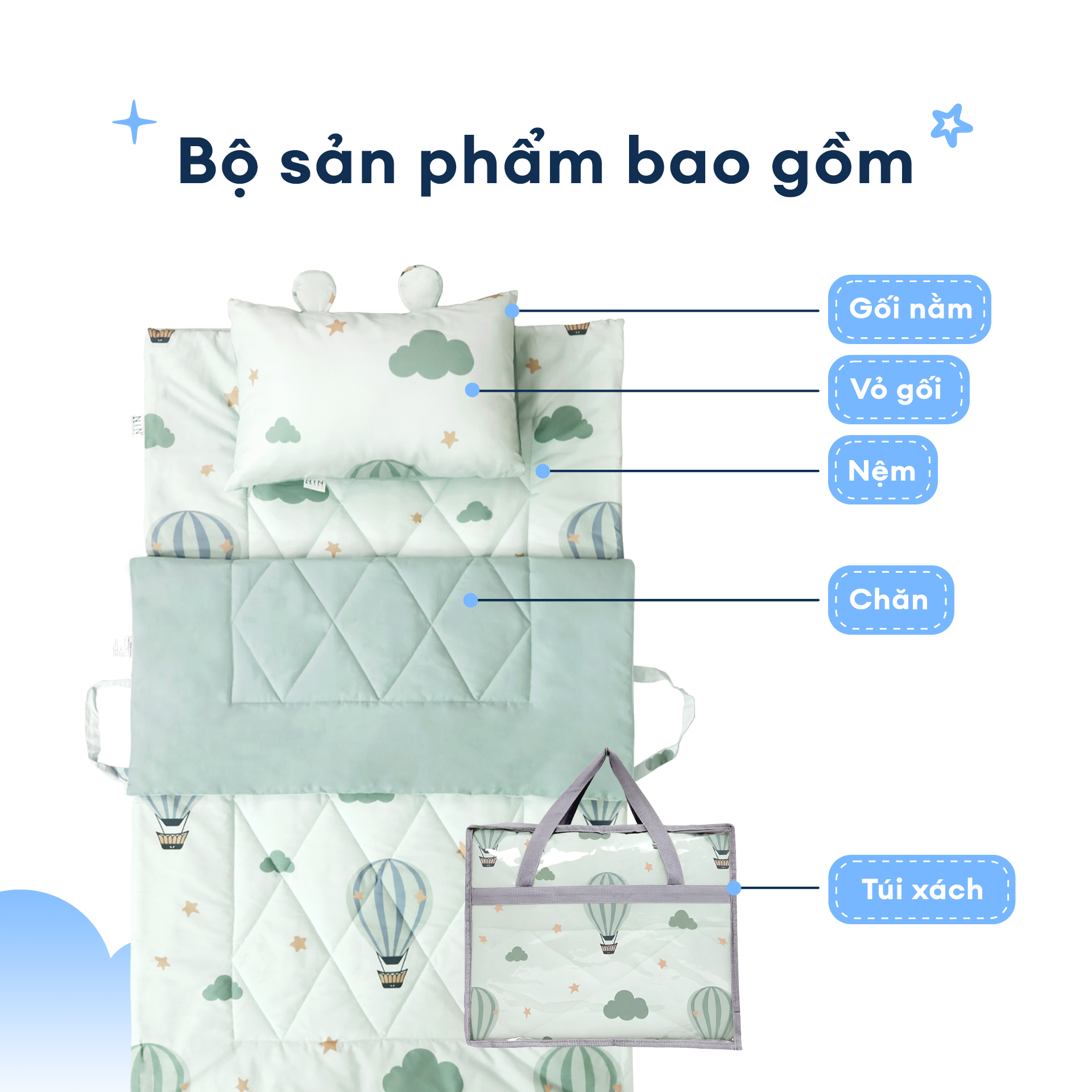 N190083 - Bộ 5 món gấp gọn tiện lợi cho bé đi học Cotton sateen cao cấp