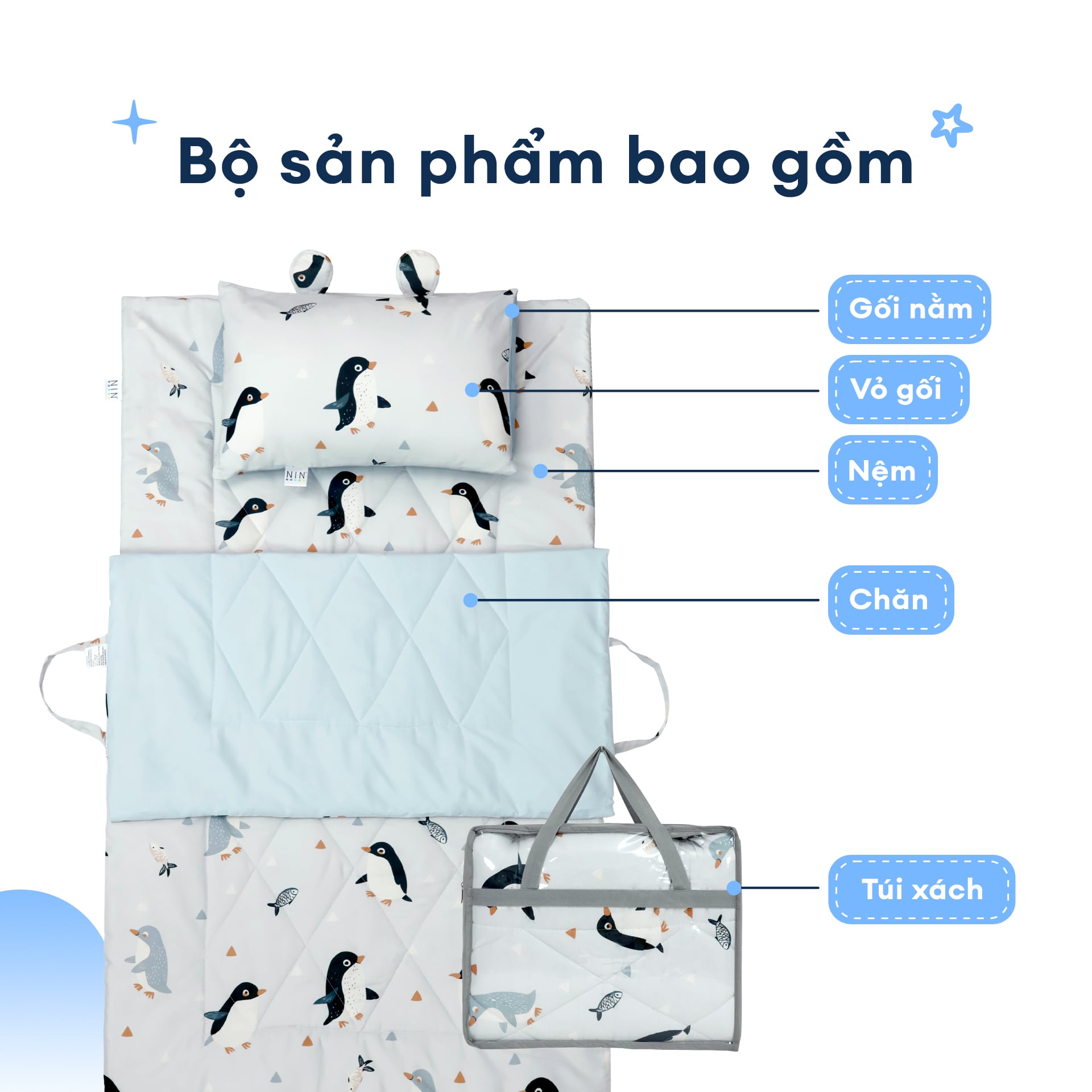 N190085 - Bộ 5 món gấp gọn tiện lợi cho bé đi học Cotton sateen cao cấp
