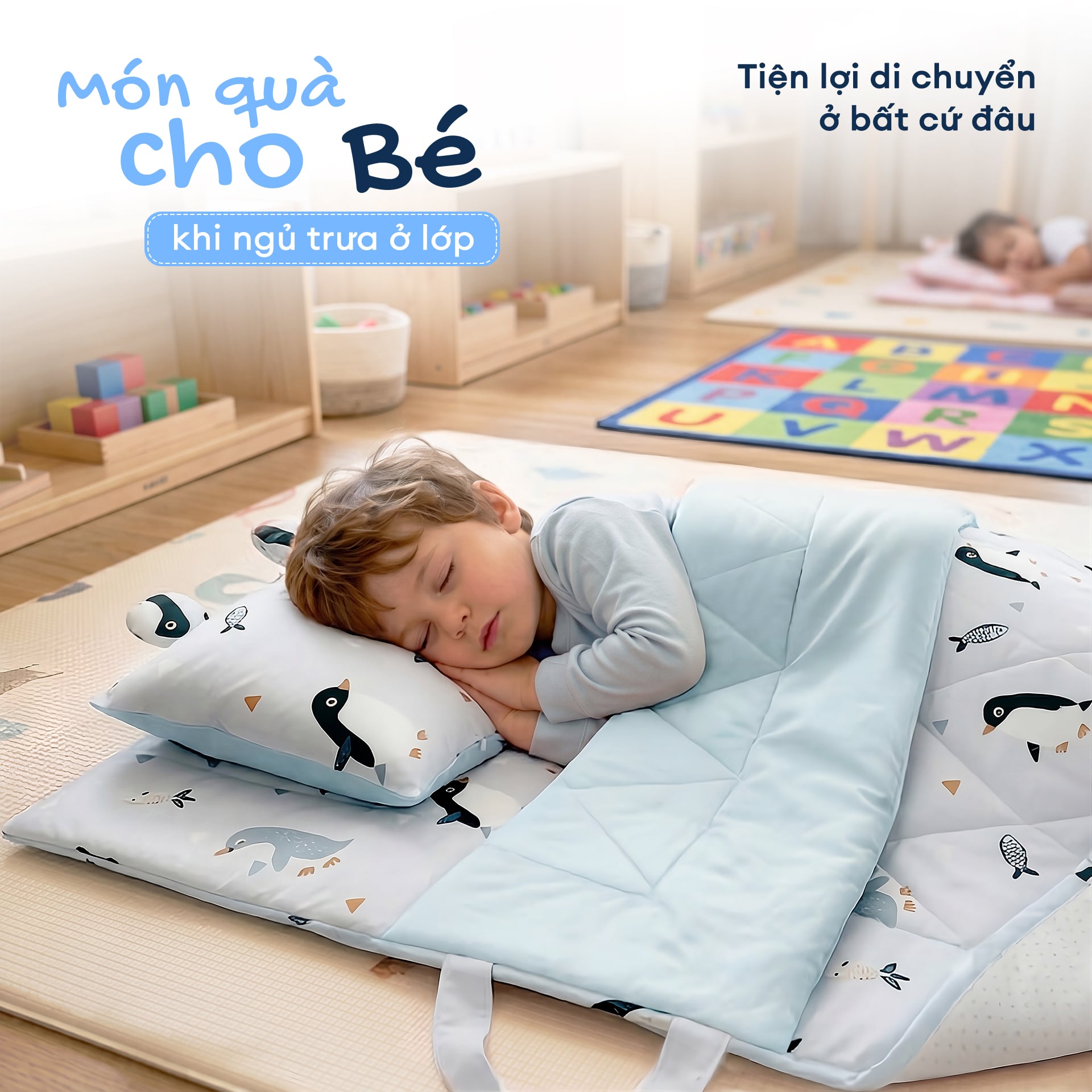 N190085 - Bộ 5 món gấp gọn tiện lợi cho bé đi học Cotton sateen cao cấp