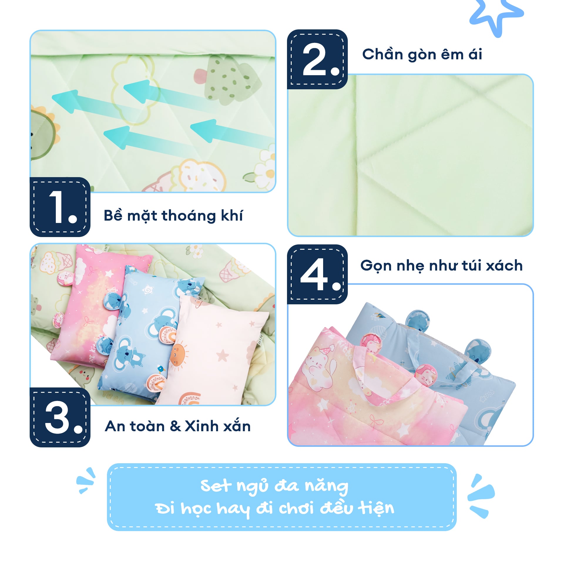 NM8043 - Bộ 5 món gấp gọn tiện lợi cho bé đi học Cooling Fabric cao cấp