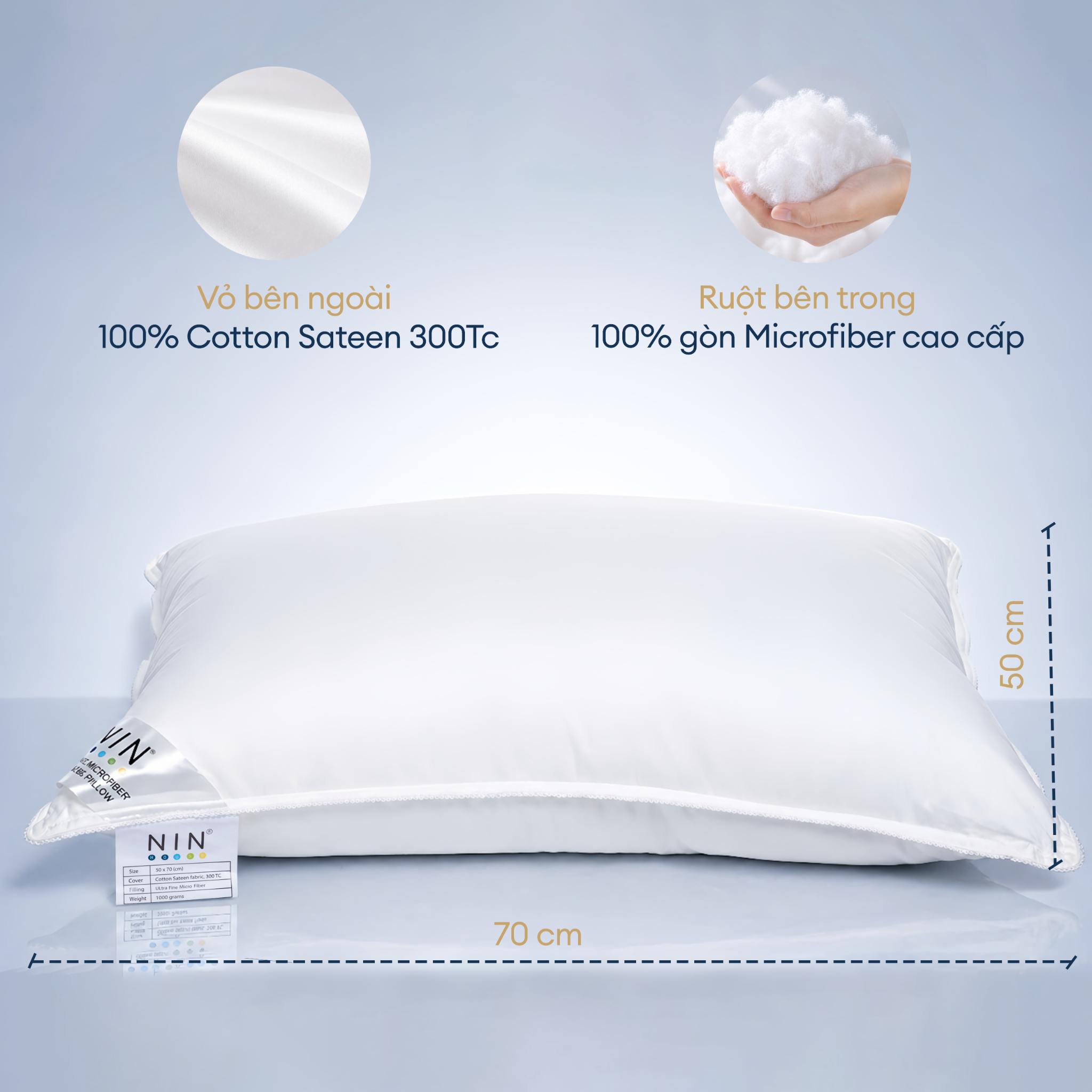 Ruột gối nằm cao cấp NIN House 50x70cm gòn microfiber