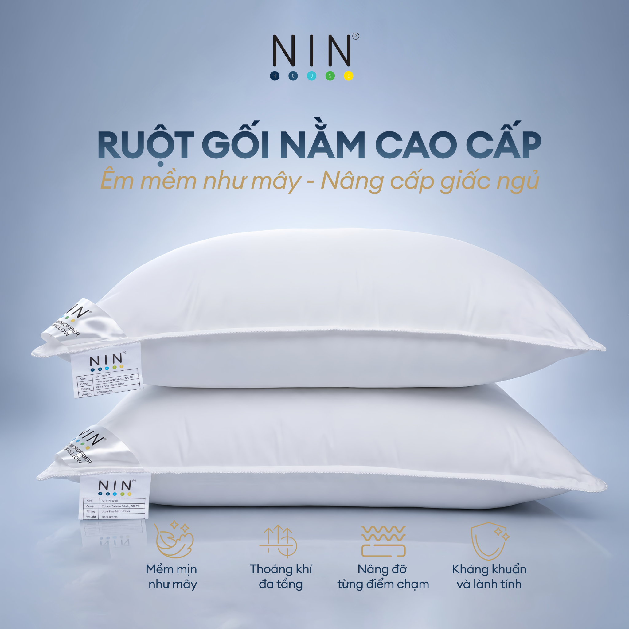 Ruột gối nằm cao cấp NIN House 50x70cm gòn microfiber