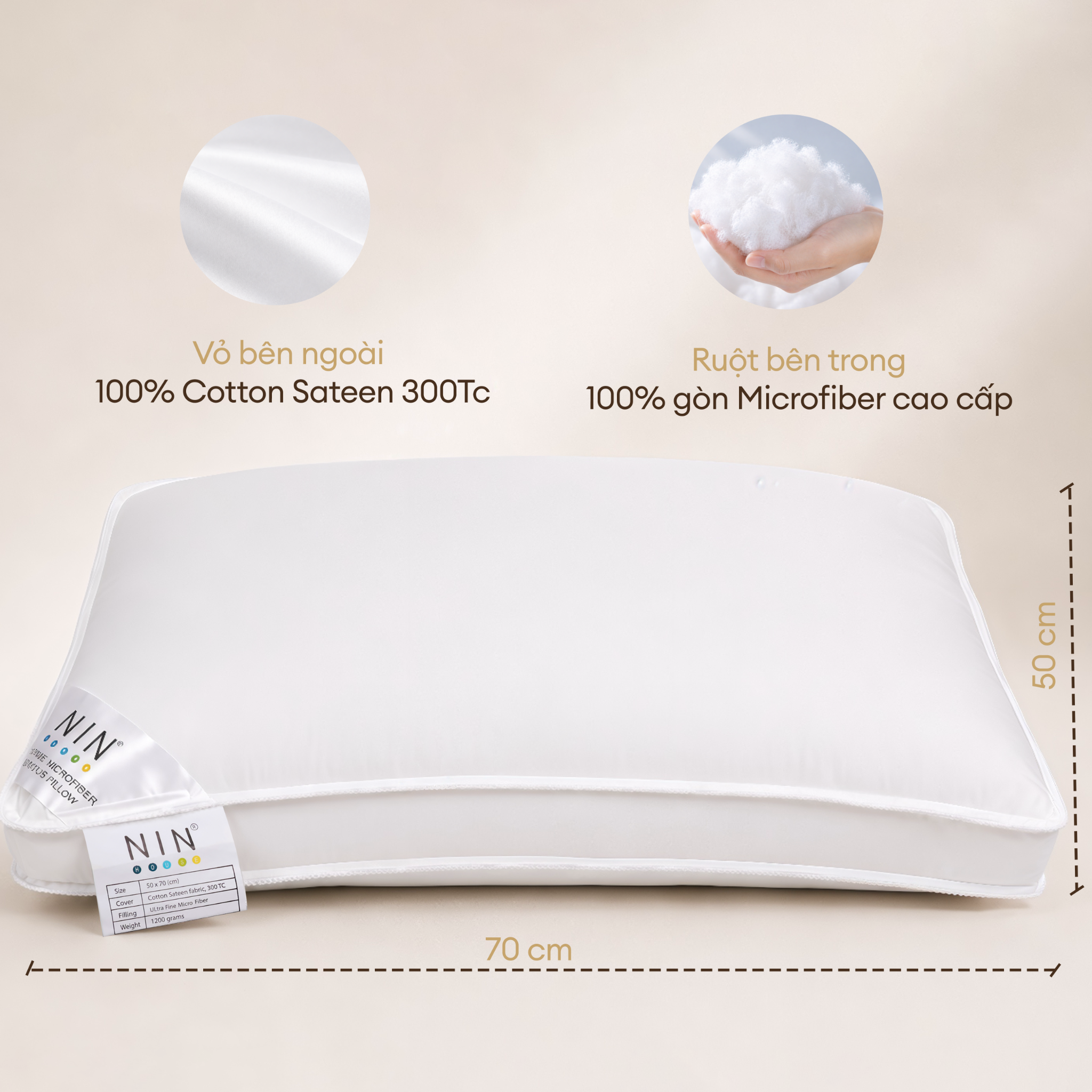Ruột gối nằm kháng khuẩn 50x70cm NIN House gòn tơ tằm công nghiệp kháng khuẩn