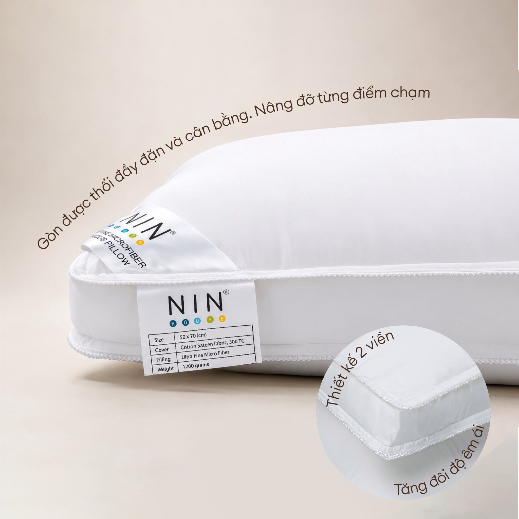 Ruột gối nằm kháng khuẩn 50x70cm NIN House gòn tơ tằm công nghiệp kháng khuẩn