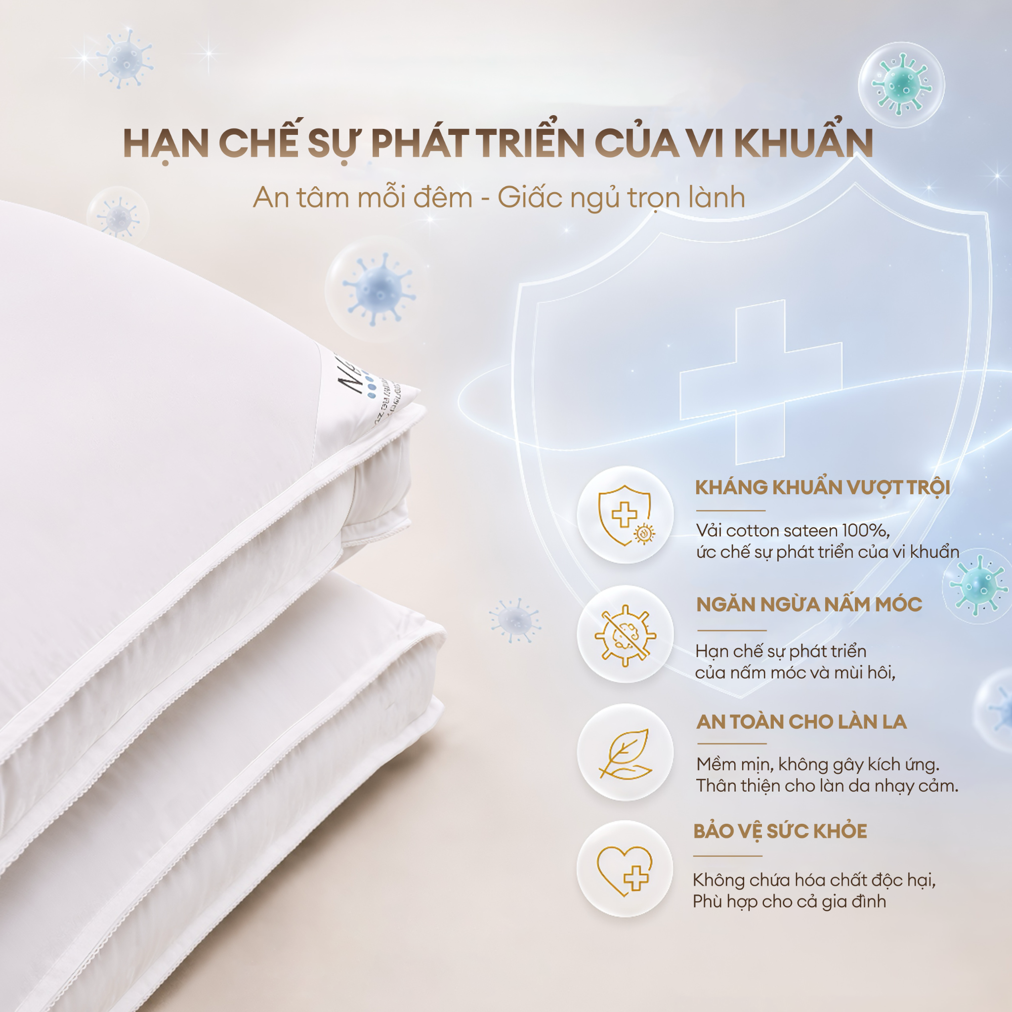 Ruột gối nằm kháng khuẩn 50x70cm NIN House gòn tơ tằm công nghiệp kháng khuẩn