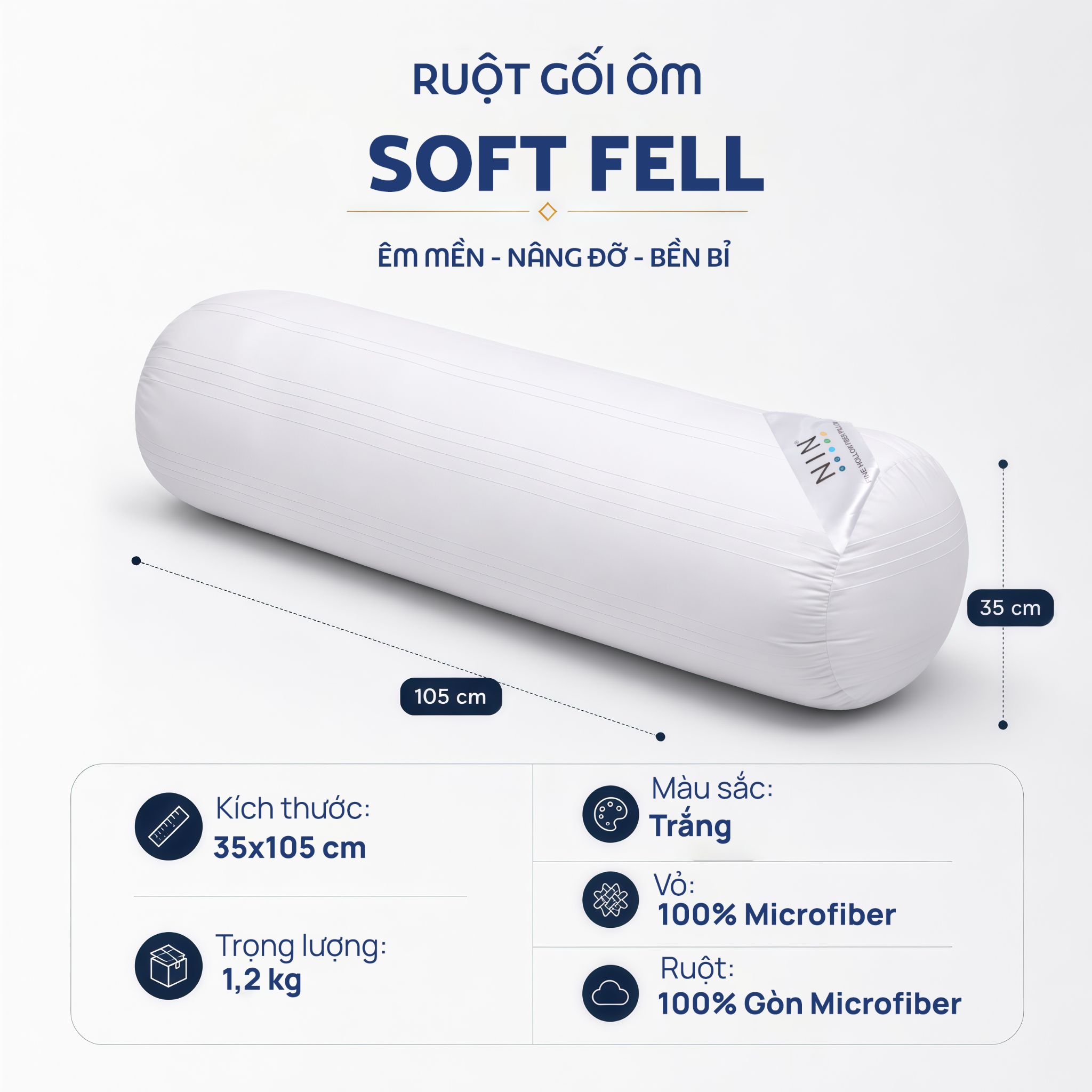 Ruột gối ôm Soft Feel 100% cotton 35x100cm NIN House gòn Microfiber
