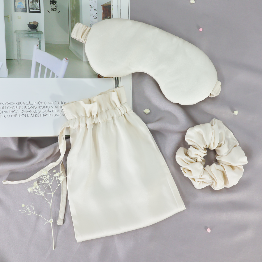 Bộ 3 món bịt mắt lụa, cột tóc, túi đựng chất liệu vải Tencel