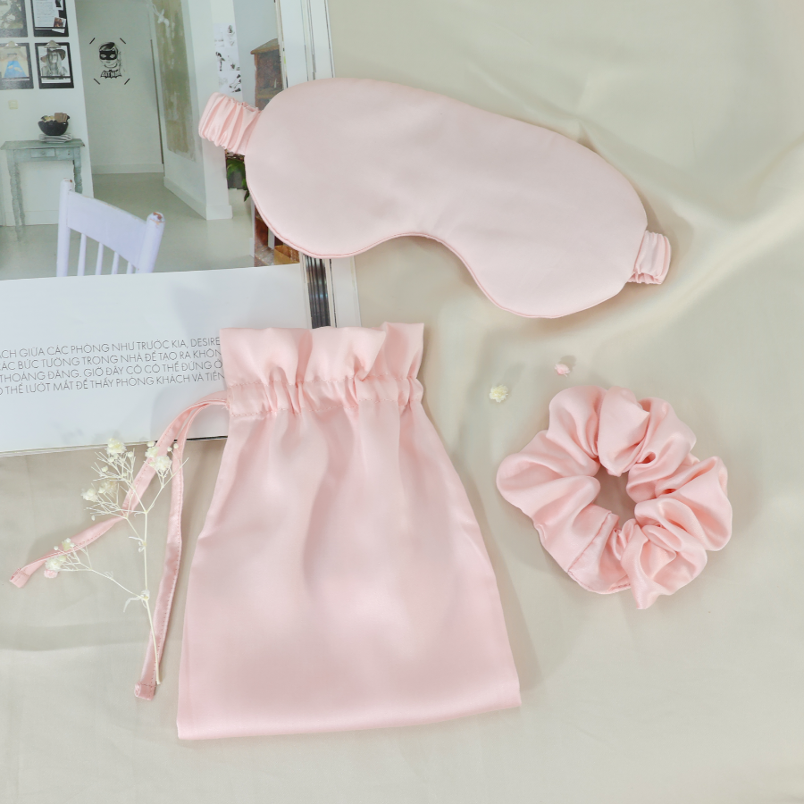 Bộ 3 món bịt mắt lụa, cột tóc, túi đựng chất liệu vải Tencel