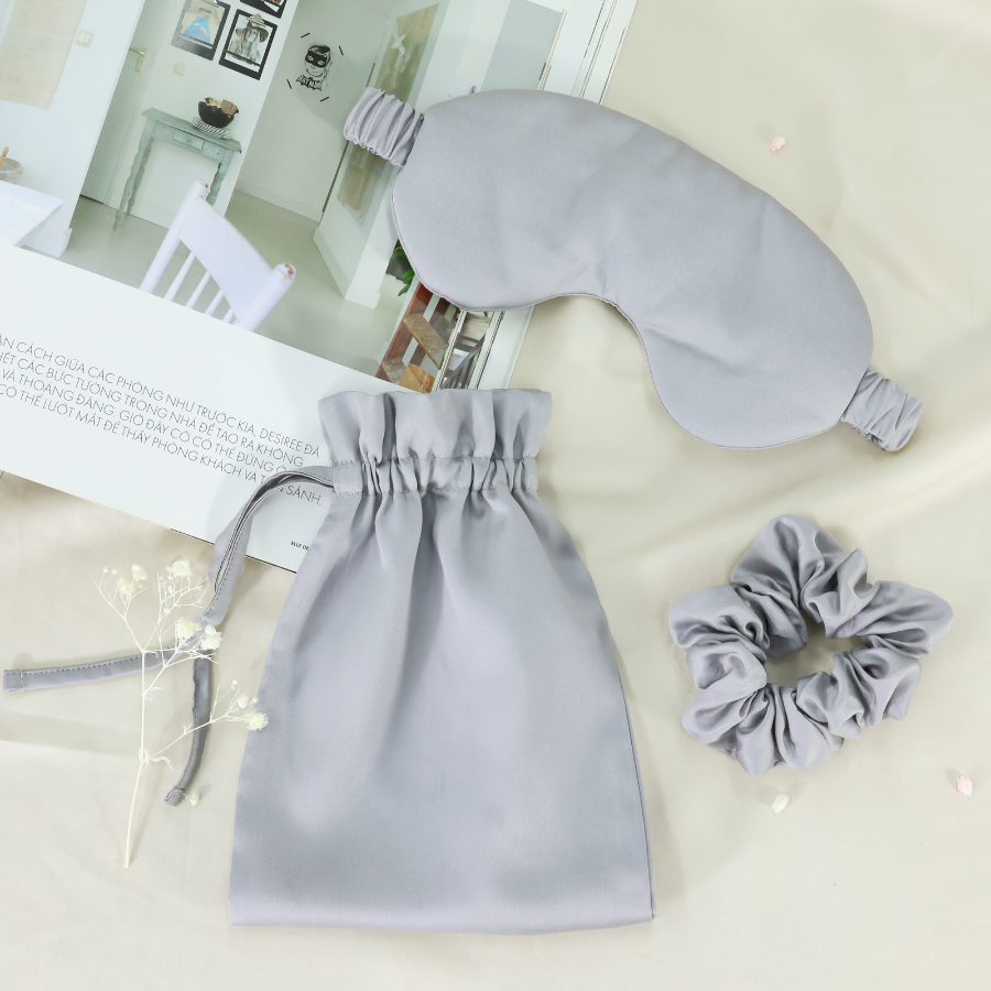 Bộ 3 món bịt mắt lụa, cột tóc, túi đựng chất liệu vải Tencel