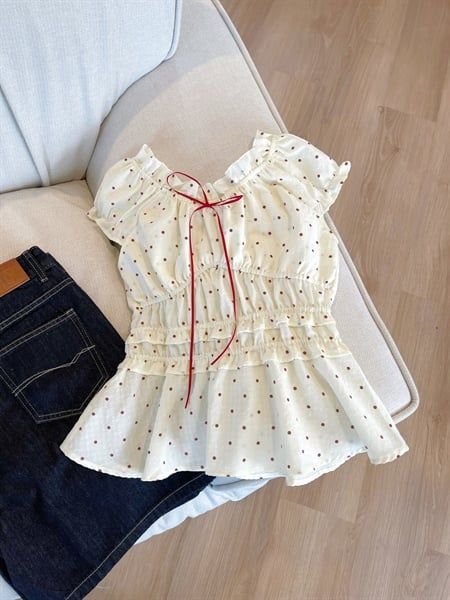  Áo kiểu bo thun chấm bi nâu 