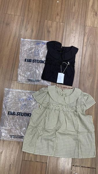  áo cổ sen phối ngực bèo caro xanh 