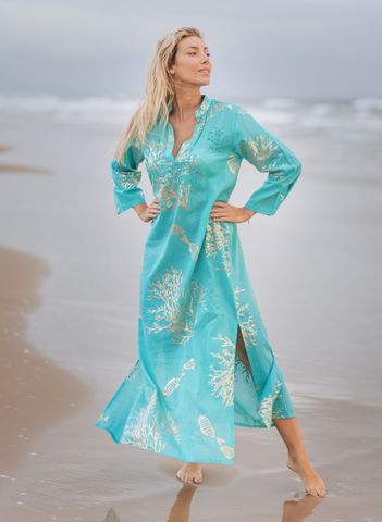  Maxi Xanh Ngọc Kết Cườm Vẽ Ánh Kim Cotton Isla Bonita 