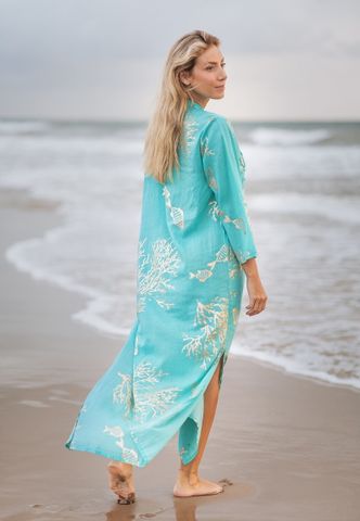  Maxi Xanh Ngọc Kết Cườm Vẽ Ánh Kim Cotton Isla Bonita 