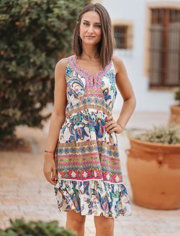  Đầm Boho Cổ Yếm Kết Cườm  Hở Lưng Cotton Isla Bonita 