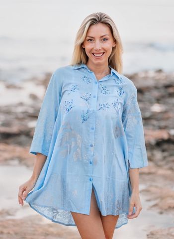  Đầm Sơ Mi Kết Hạt Vẽ Ánh Kim Cotton Isla Bonita 