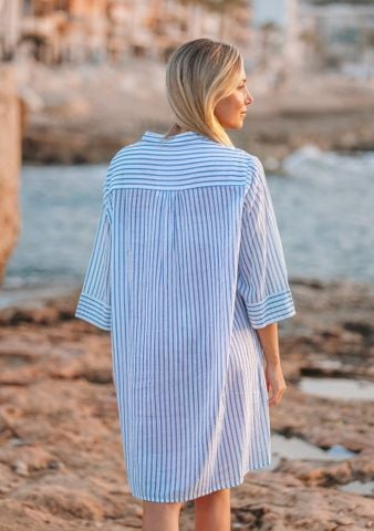  Đầm Boho Sọc Xanh Kết Cườm Cotton Isla Bonita 