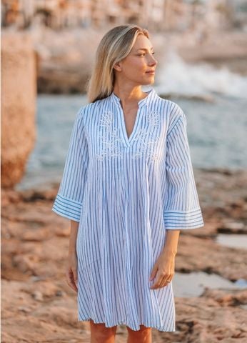  Đầm Boho Sọc Xanh Kết Cườm Cotton Isla Bonita 