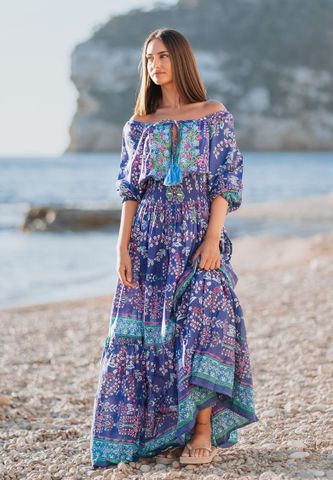  Maxi Boho Trễ Vai Kết Cườm Cotton Isla Bonita 