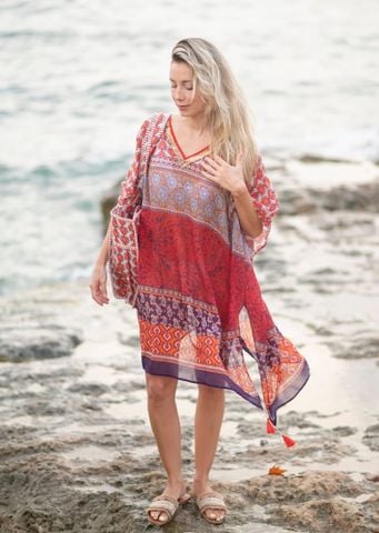  Đầm Cánh Dơi Đỏ Kết Kim Loại Cotton Isla Bonita 