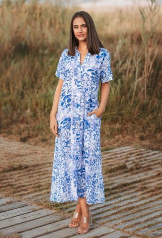 Maxi Sơ Mi Hoa Xanh Kết Cườm Cotton Isla Bonita 