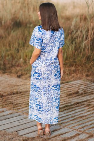  Maxi Sơ Mi Hoa Xanh Kết Cườm Cotton Isla Bonita 