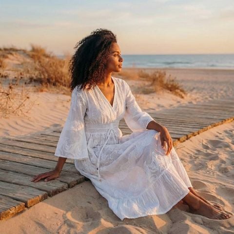  Maxi Trắng Kết Cườm Thêu Hoa Cao Cấp Isla Bonita 