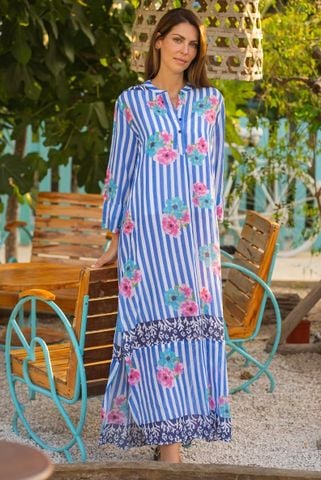 Maxi Sọc Hoa Kết Hạn Viền Cổ Cotton Isla Bonita 