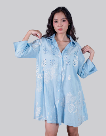  Đầm Sơ Mi Kết Hạt Vẽ Ánh Kim Cotton Isla Bonita 